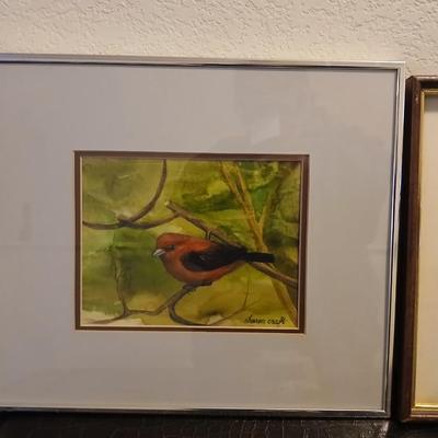 Two framed bird pictures - Sharon Craft watercolor original " Summer's Past" and a candle cage