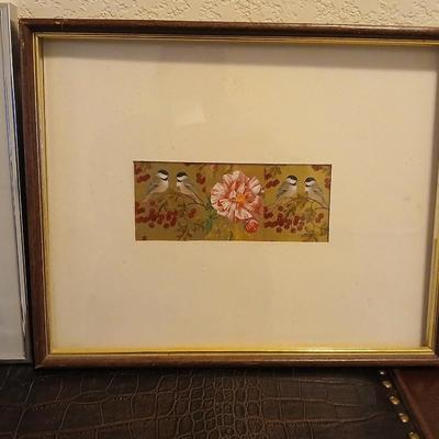 Two framed bird pictures - Sharon Craft watercolor original " Summer's Past" and a candle cage