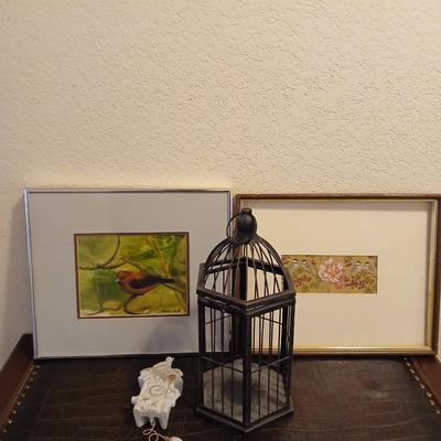 Two framed bird pictures - Sharon Craft watercolor original " Summer's Past" and a candle cage