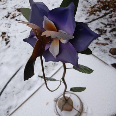 Metal yard art Hummingbird and a Columbine flower, Two of Colorado's Best!