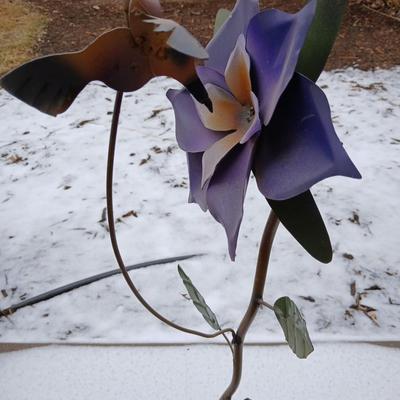Metal yard art Hummingbird and a Columbine flower, Two of Colorado's Best!
