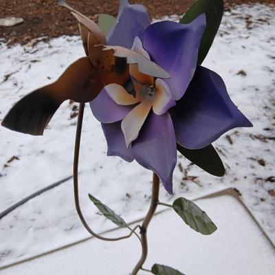 Metal yard art Hummingbird and a Columbine flower, Two of Colorado's Best!