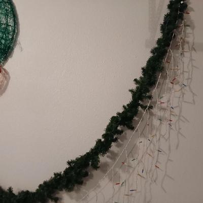 LARGE over 35" Christmas wreath, with two strands of garland and two strands of multi color Icicle lights