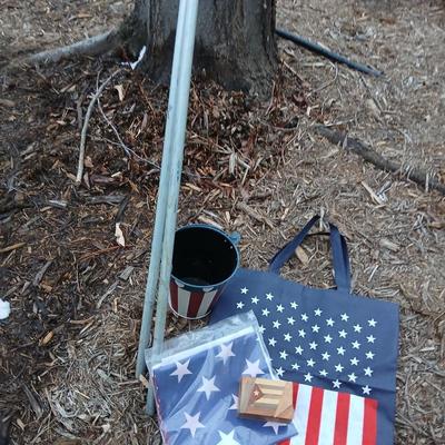 Flag with long flagpole, and other patriotic items
