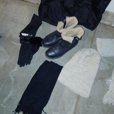 Nice full length Tommy Hilfighter Coat with winterwear and size 8.5M women's MIA boots.