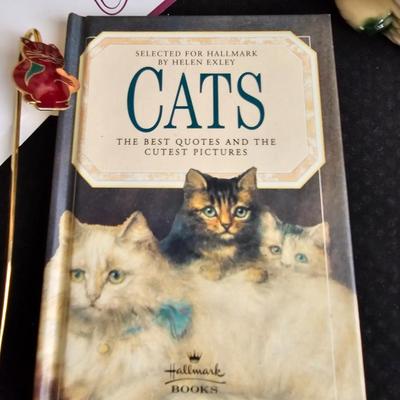 Everything cat! Cat figures, book with bookmarker, glass cat, and framed Goya Rina De Gatos detalle