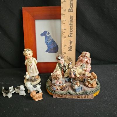 Napco "Little Vet" figure - limited Yesterday's Child figure, framed dog, and small porcelain vintage dogs