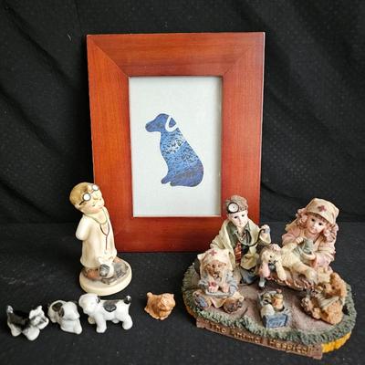 Napco "Little Vet" figure - limited Yesterday's Child figure, framed dog, and small porcelain vintage dogs