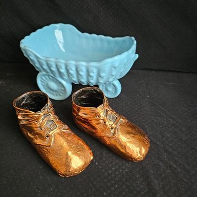 Vintage baby buggy planter with antique Bronzed baby shoes