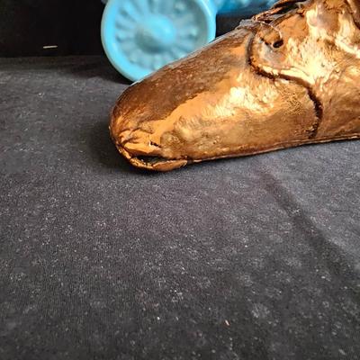 Vintage baby buggy planter with antique Bronzed baby shoes