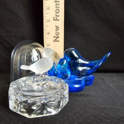 Vintage Blue birds of Happiness blue glass figure with a Vintage Hofbauer Byrdes Crystal Bird in Birdcage Glass Figurine Paperweight