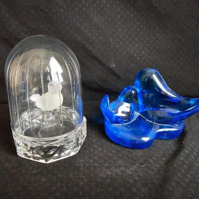 Vintage Blue birds of Happiness blue glass figure with a Vintage Hofbauer Byrdes Crystal Bird in Birdcage Glass Figurine Paperweight