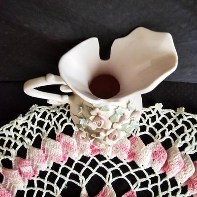 Elegant vintage Hand-painted Lefton China vase with hand knitted doily