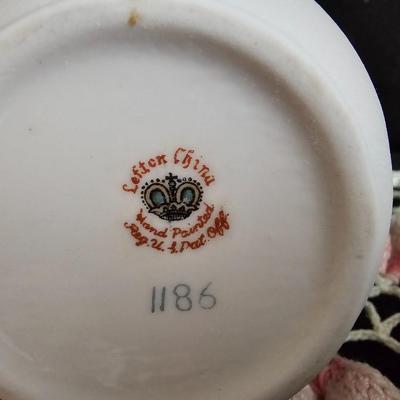 Elegant vintage Hand-painted Lefton China vase with hand knitted doily