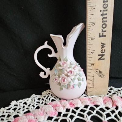 Elegant vintage Hand-painted Lefton China vase with hand knitted doily