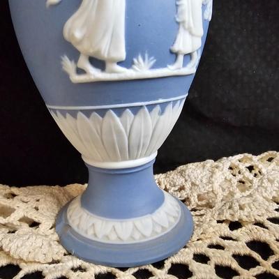 Vintage blue Jasperware vase with large handknitted Doiley