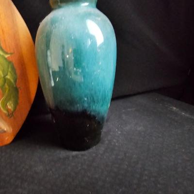 Alabaster Owl figure with hand painted owl on wood and a vase