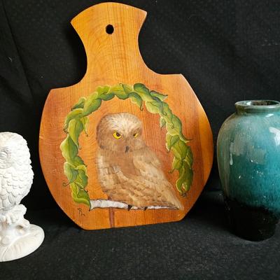 Alabaster Owl figure with hand painted owl on wood and a vase