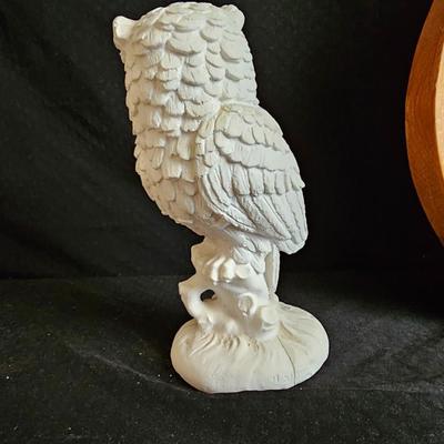 Alabaster Owl figure with hand painted owl on wood and a vase