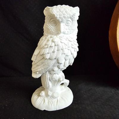 Alabaster Owl figure with hand painted owl on wood and a vase