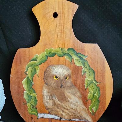 Alabaster Owl figure with hand painted owl on wood and a vase