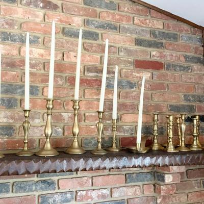 Large Lot of Fancy Brass Candlesticks