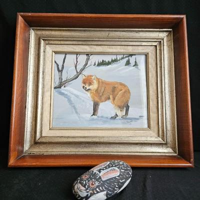 Original handplanted artwork - Signed Perman 79' red fox in the snow- also a little rock rabbit