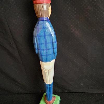 Golfing and skiing figures - tall wooden golfer - golfing trp[hy - and a pewter skier