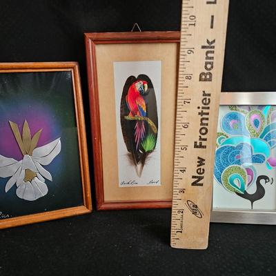 Small framed artwork - Costa Rica - Parrot painted on feathers! and two suncatchers