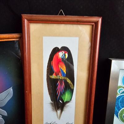 Small framed artwork - Costa Rica - Parrot painted on feathers! and two suncatchers