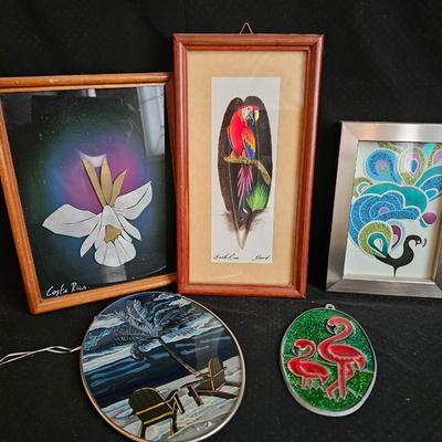 Small framed artwork - Costa Rica - Parrot painted on feathers! and two suncatchers