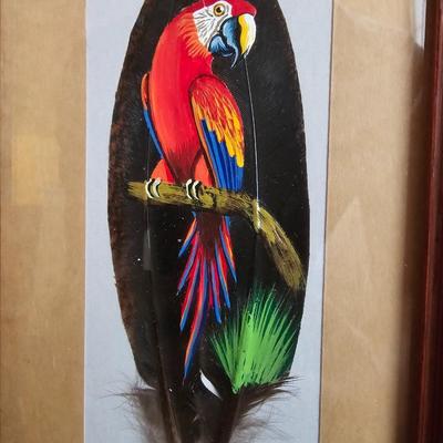 Small framed artwork - Costa Rica - Parrot painted on feathers! and two suncatchers