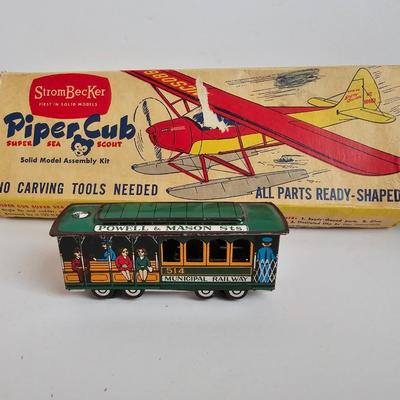 Vintage Plane and Trolly Strombecker Piper Cub Super Sea Scout Model and a Vintage Powell & Mason Streets San Francisco 514 Cable Car...