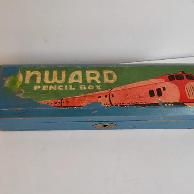 Vintage Wooden Pencil Box Onward Train School and The Boy Allies at Liege by Clair W. Hayes 1915 vintage book