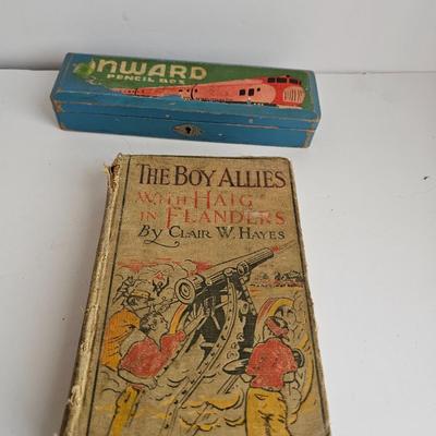 Vintage Wooden Pencil Box Onward Train School and The Boy Allies at Liege by Clair W. Hayes 1915 vintage book