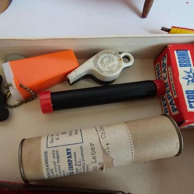 Lots of vintage child trinkets - Star brand roll caps box - old marbles - Brass piggy bank - silverplated child's mug, 1947 Captain...