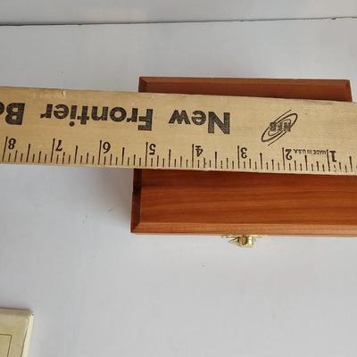 Lots of Adult Trinkets in a cedar box - 1940's lighter keychain -Brass clapper - Vintage Marba wallet and more