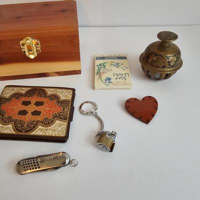 Lots of Adult Trinkets in a cedar box - 1940's lighter keychain -Brass clapper - Vintage Marba wallet and more