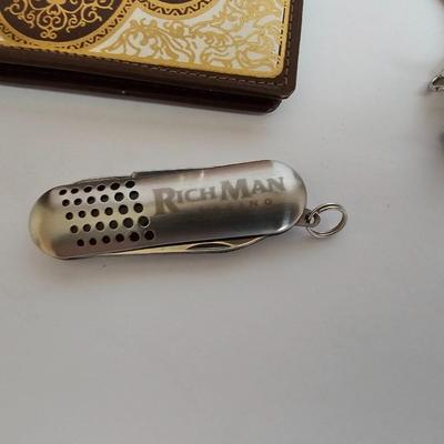 Lots of Adult Trinkets in a cedar box - 1940's lighter keychain -Brass clapper - Vintage Marba wallet and more