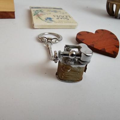 Lots of Adult Trinkets in a cedar box - 1940's lighter keychain -Brass clapper - Vintage Marba wallet and more