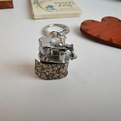 Lots of Adult Trinkets in a cedar box - 1940's lighter keychain -Brass clapper - Vintage Marba wallet and more