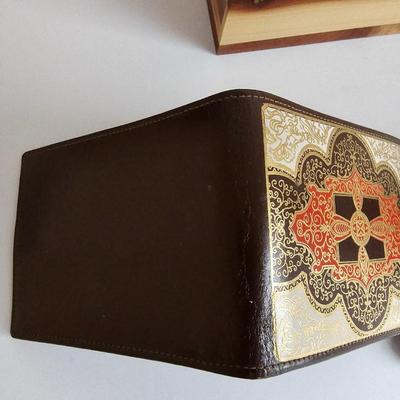 Lots of Adult Trinkets in a cedar box - 1940's lighter keychain -Brass clapper - Vintage Marba wallet and more