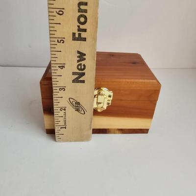 Lots of Adult Trinkets in a cedar box - 1940's lighter keychain -Brass clapper - Vintage Marba wallet and more
