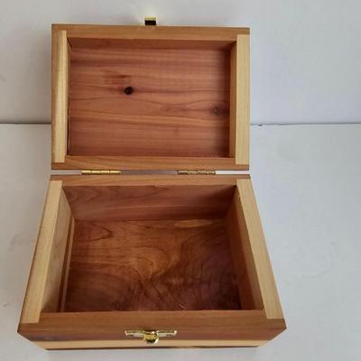 Lots of Adult Trinkets in a cedar box - 1940's lighter keychain -Brass clapper - Vintage Marba wallet and more