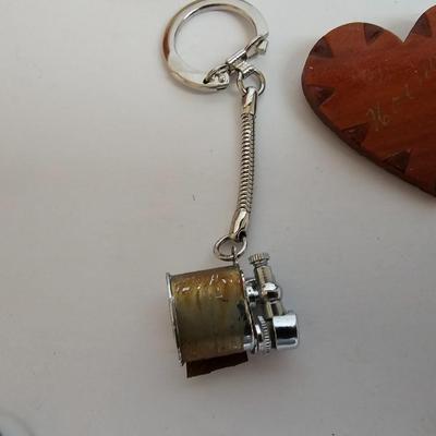 Lots of Adult Trinkets in a cedar box - 1940's lighter keychain -Brass clapper - Vintage Marba wallet and more
