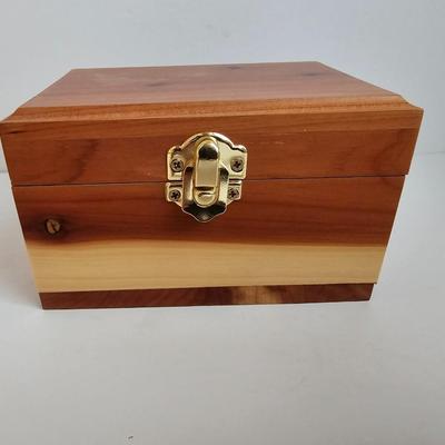 Lots of Adult Trinkets in a cedar box - 1940's lighter keychain -Brass clapper - Vintage Marba wallet and more