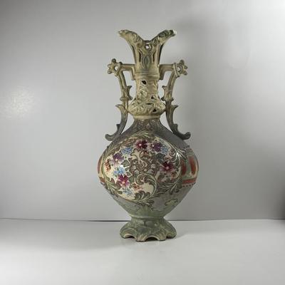 LOT 3: Vintage Ceramic Two Handled Tall Floral Vase