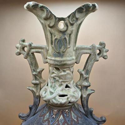 LOT 3: Vintage Ceramic Two Handled Tall Floral Vase