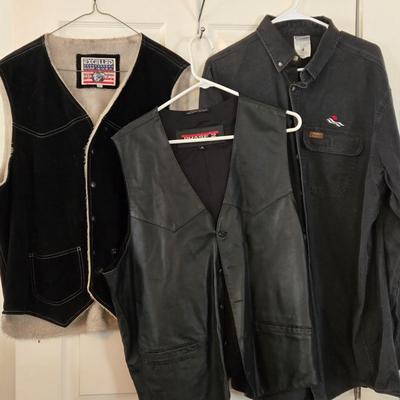 LOT 13: Phase 2 Genuine Leather Vest, Excelled Suede Vest with Sherpa Lining, and Carhart Shirt