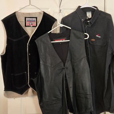 LOT 13: Phase 2 Genuine Leather Vest, Excelled Suede Vest with Sherpa Lining, and Carhart Shirt